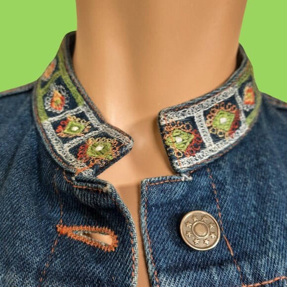 Vintage 90 Denim Jean Vest Oversized Embroidered Fringe Size S Dark Wash - Picture 2 of 10